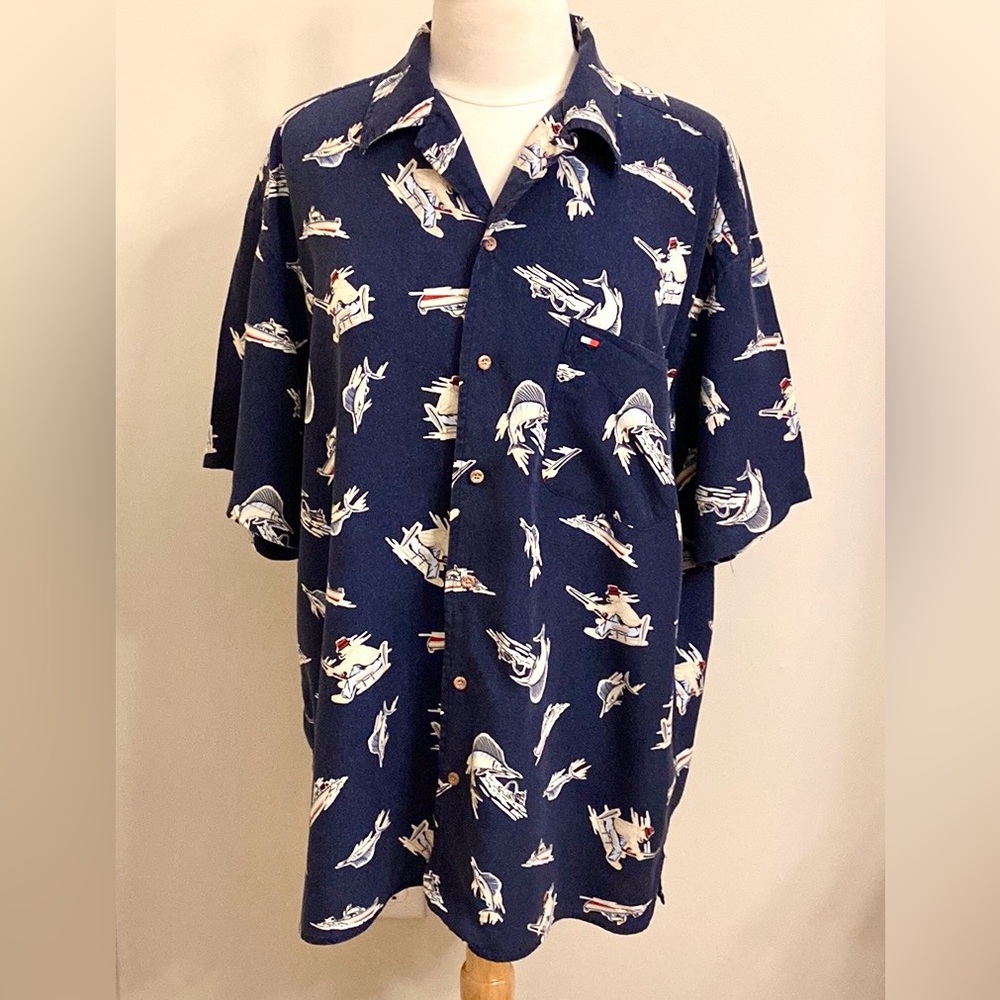Tommy Hilfiger 90’s Mens Blue Cream Marlin Fisherman L Yacht Club Nautical Shirt